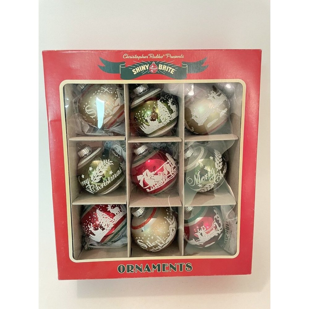 CHRISTOPHER RADKO SHINY BRITE Set of 9 Silver White Ornaments 3” Christmas Read